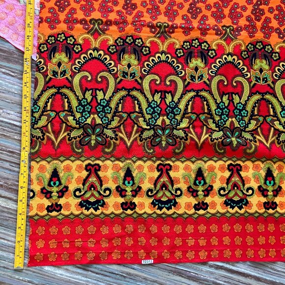 Flower Power Groovy Border Print Fabric Orange/Green Vintage Yardage 40x66" - Picture 7 of 8